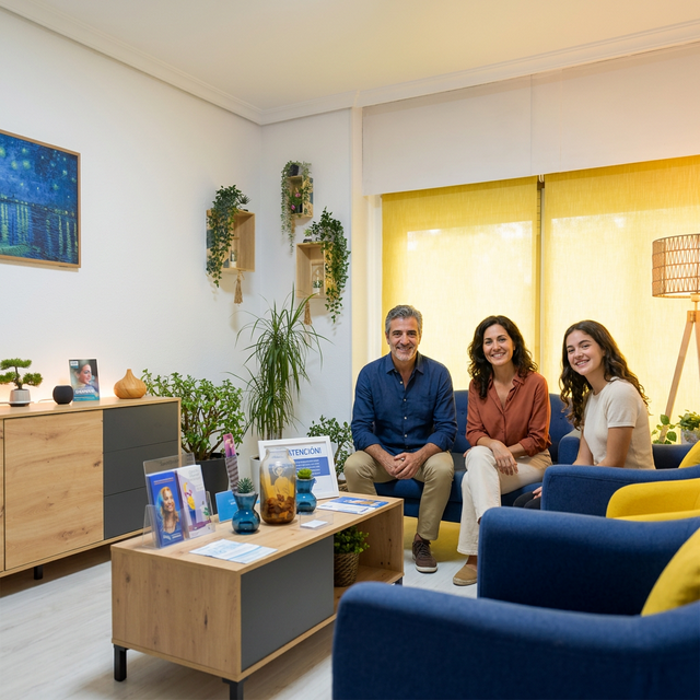 Familia feliz en clínica dental